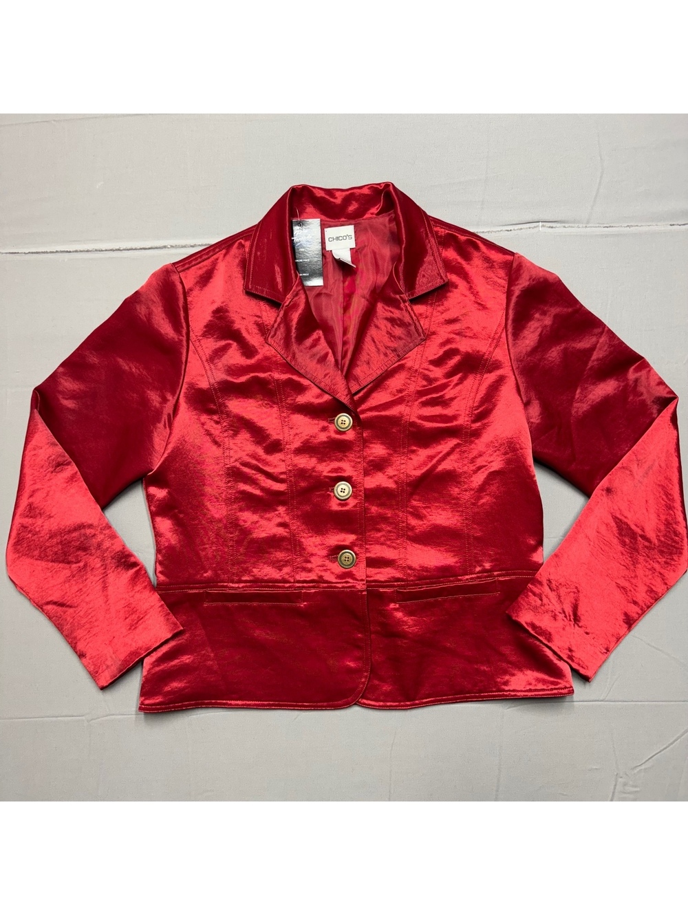 Chicos Women Blazer Jacket Red Satin Finish Button Front Tailored Size 1 (8)